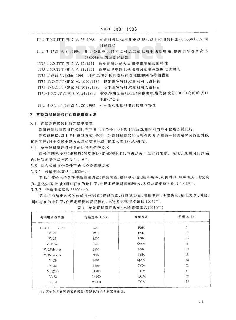 YD/T 588-1996 电话网上音频调制解调器承受传输损伤能力的基本要求