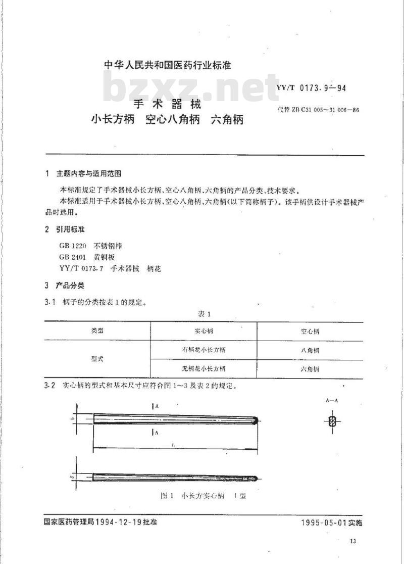 YY/T 0173. 9-1994 手术器械小长方柄空心八角柄 六角柄