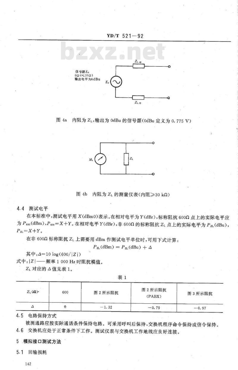 YD/T 521-1992 数字交换机模拟接口测试方法及模拟接口(二线或四线)间传输特性的测试方法