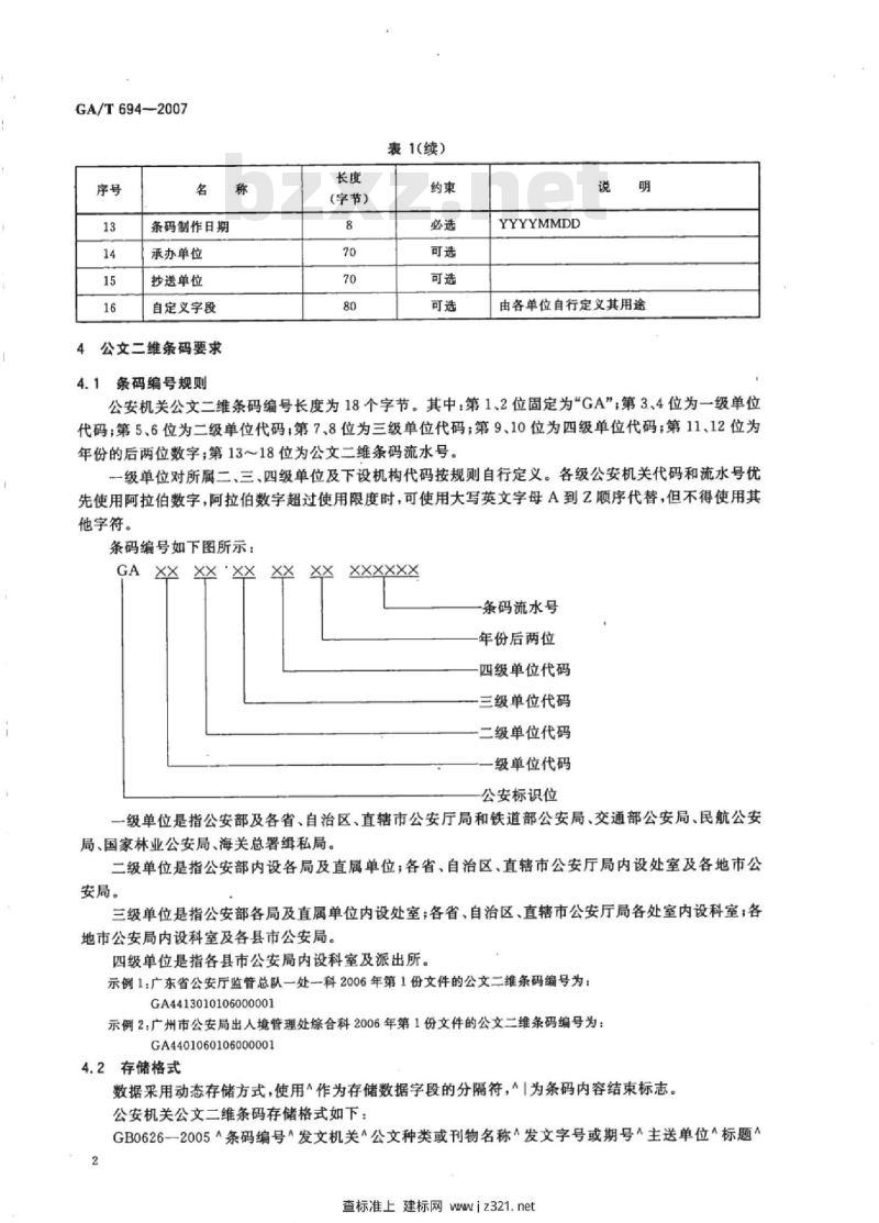 GA/T 694-2007 公安机关公文二维条码信息表示规范