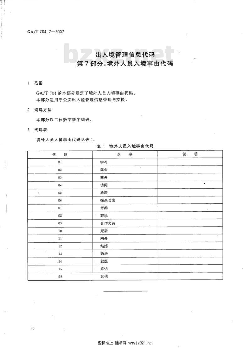 GA/T 704.7-2007 出入境管理信息代码 第7部分:境外人员入境事由代码