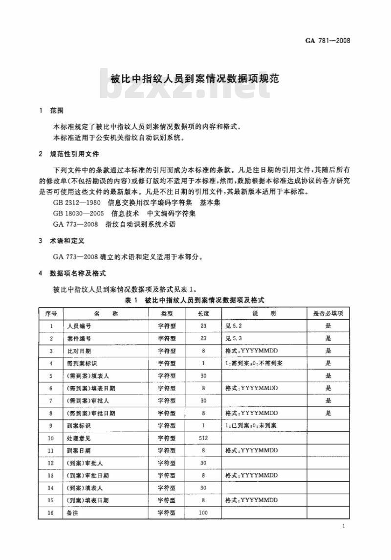GA 781-2008 被比中指纹人员到案情况数据项规范
