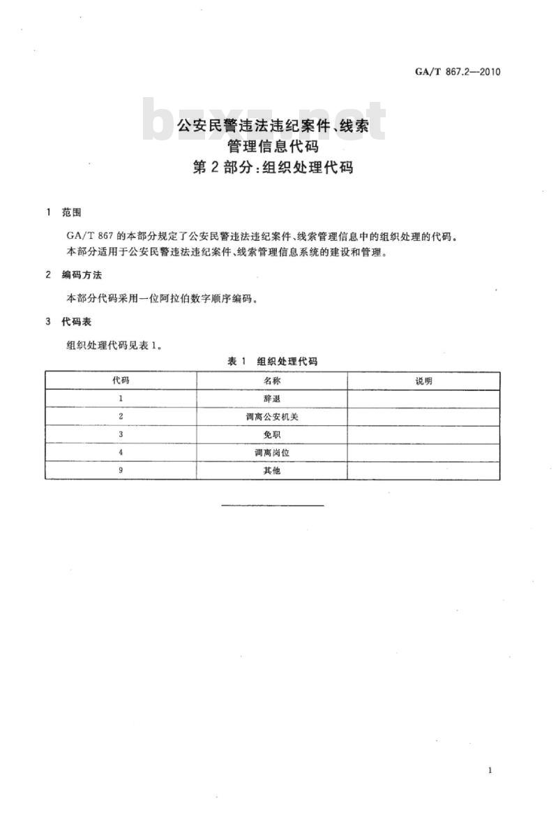 GA/T 867.2-2010 公安民警违法违纪案件、线索管理信息代码第2部分:组织处理代码