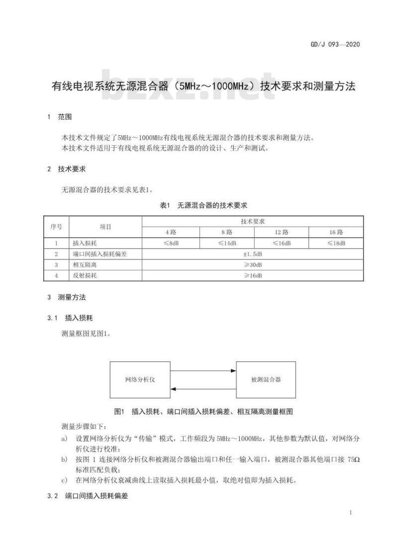 GD/J 093-2020 有线电视系统无源混合器(5MHz~1000MHz )技术要求和测量方法