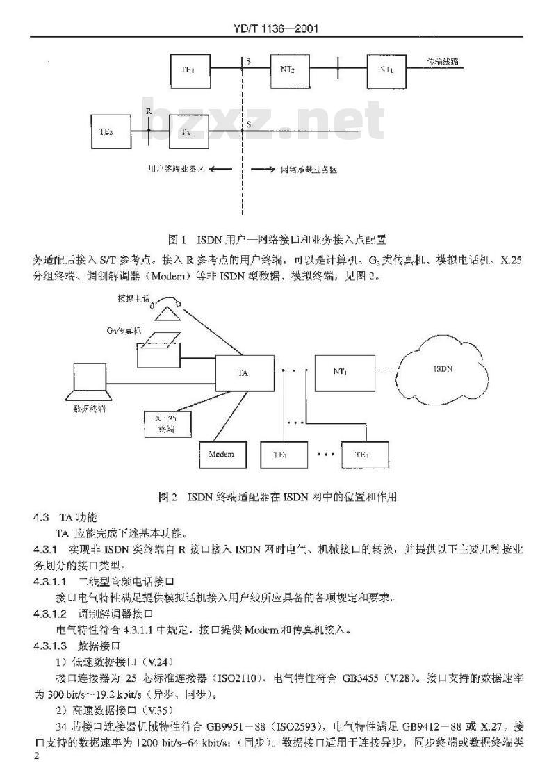 YD/T 1136-2001 综合业务数字网(ISDN)基本速率终端适配器(TA)技术要求及测试方法