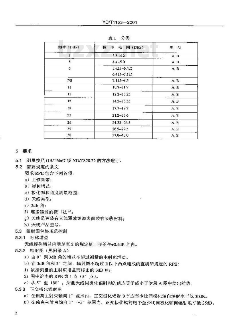 YD/T 1153-2001 微波接力通信系统抛物面天线辐射图包络的技术要求