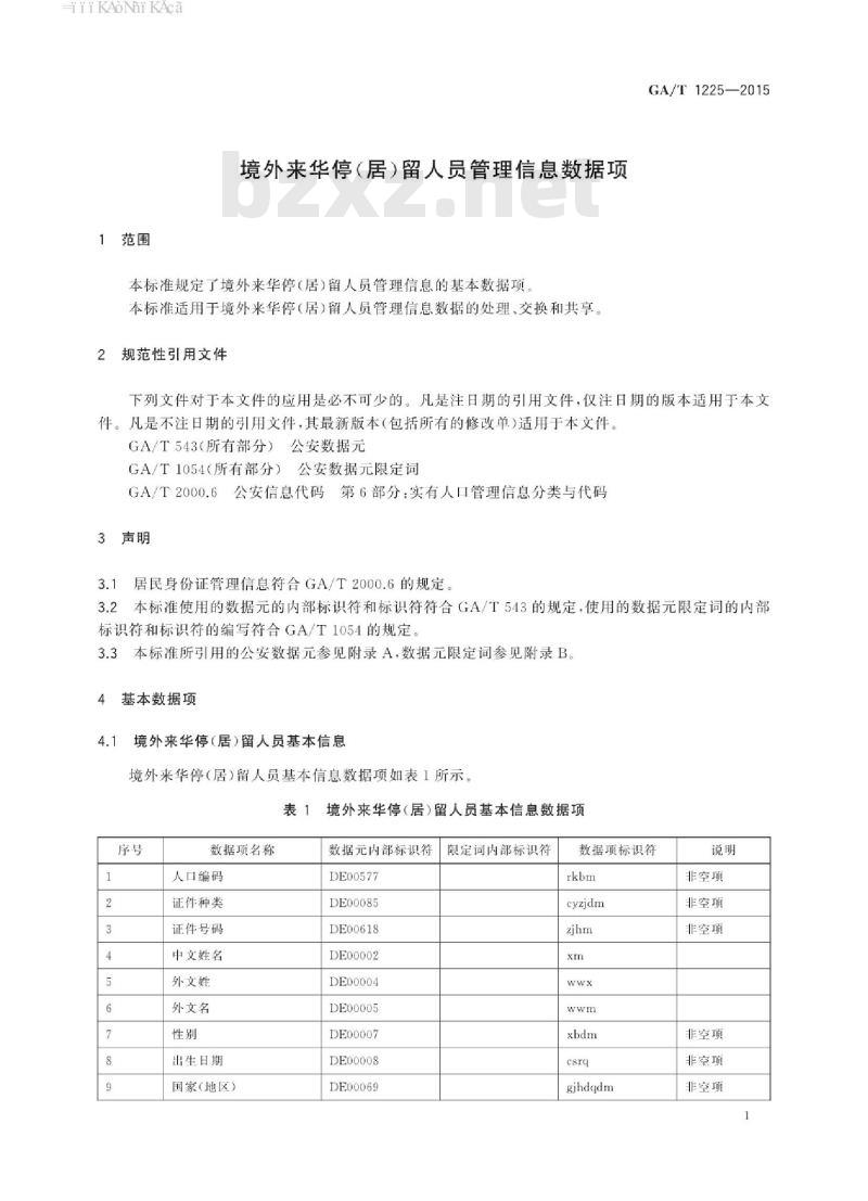 GA/T 1225-2015 境外来华停(居)留人员管理信息数据项