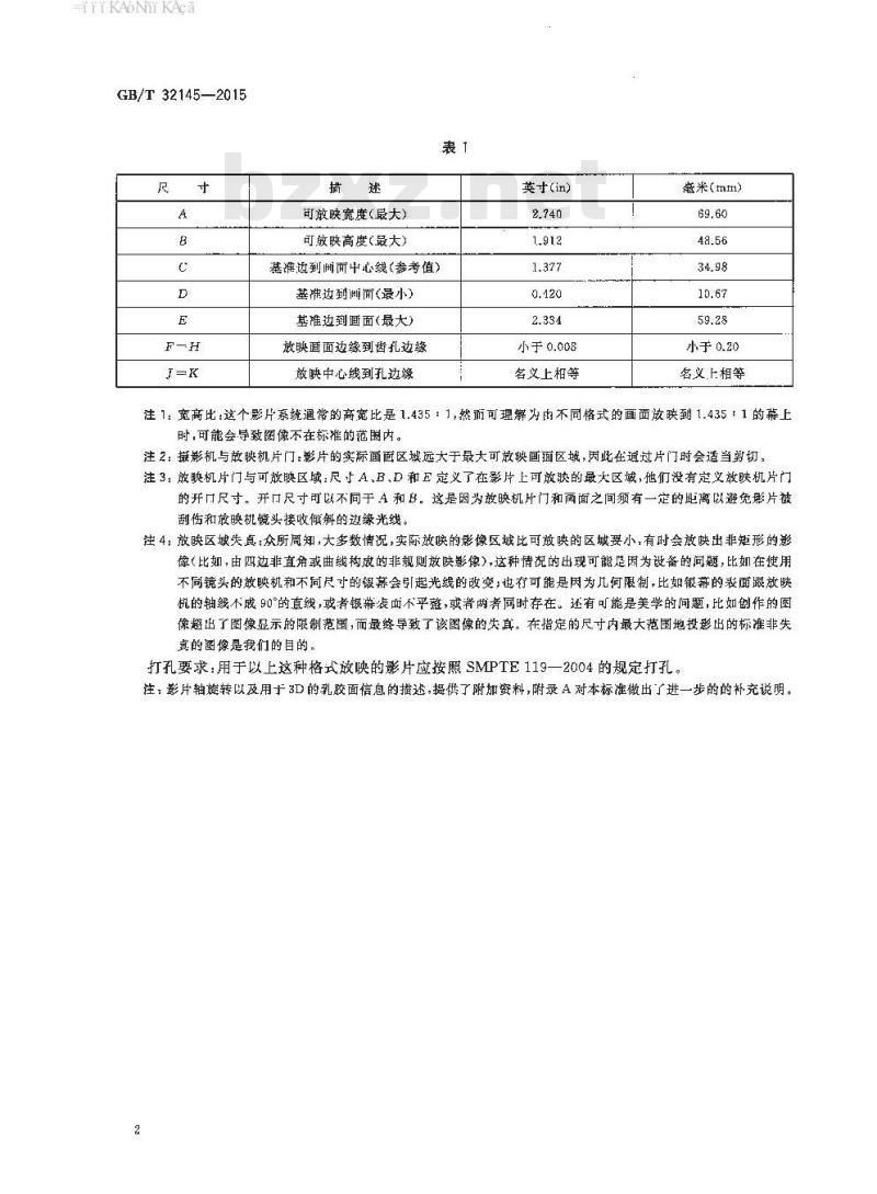GB/T 32145-2015 70mm 15齿孔影片可放映画面尺寸