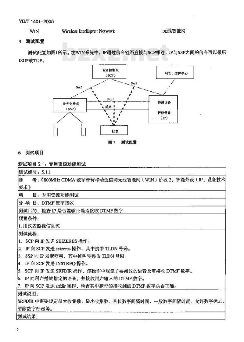 YD/T 1401-2005 800MHz CDMA 数字蜂窝移动通信网无线智能网(WIN)阶段2:智能外设(IP)设备测试方法