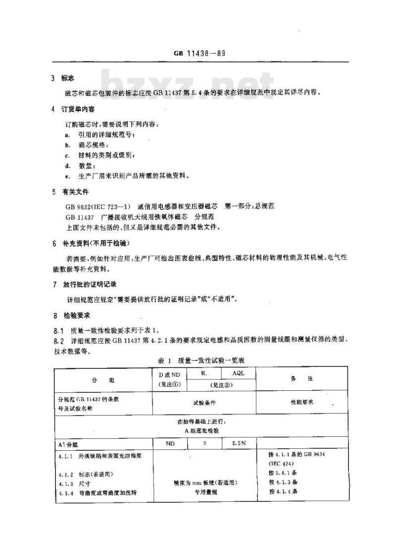 GB 11438-1989 广播接收机天线用铁氧体磁芯空白详细规范评定水平A