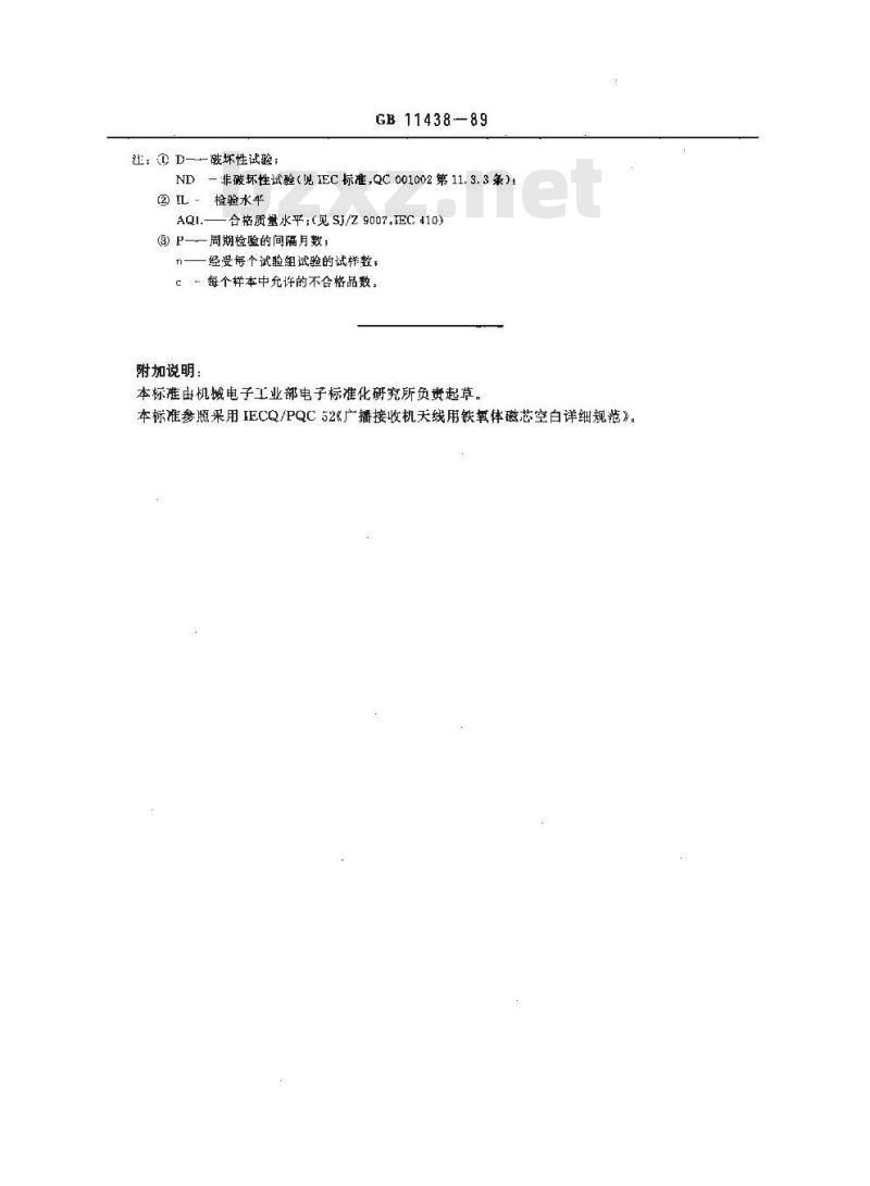 GB 11438-1989 广播接收机天线用铁氧体磁芯空白详细规范评定水平A