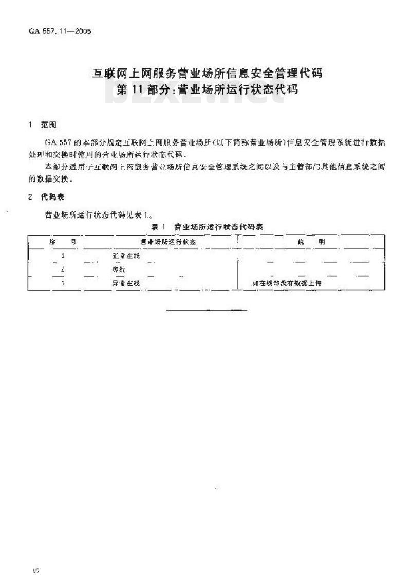 GA 557.11-2005 互联网上网服务营业场所信息安全管理代码.第11部分:营业场所运行状态代码