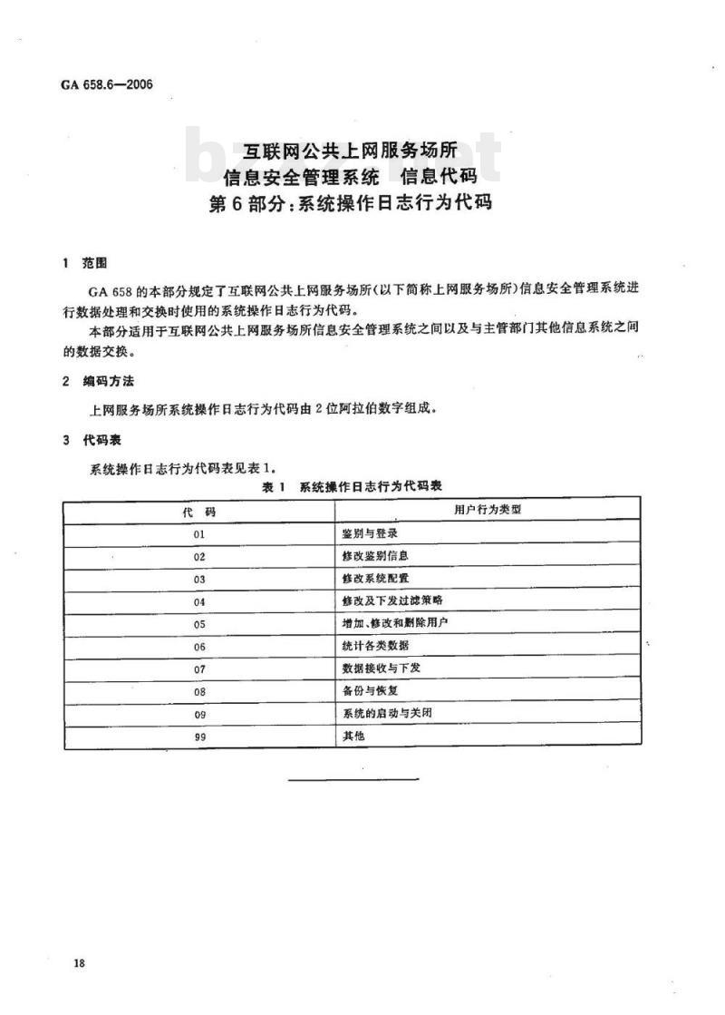 GA 658.6-2006 互联网公共上网服务场所信息安全管理系统信息代码第6部分:系统操作日志行为代码