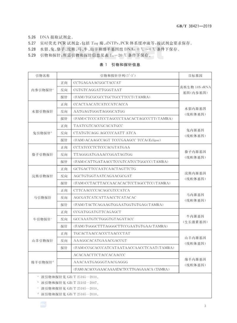 GB/T 38421-2019 毛皮源性成分检测实时荧光定性聚合酶链式反应(PCR )检测方法