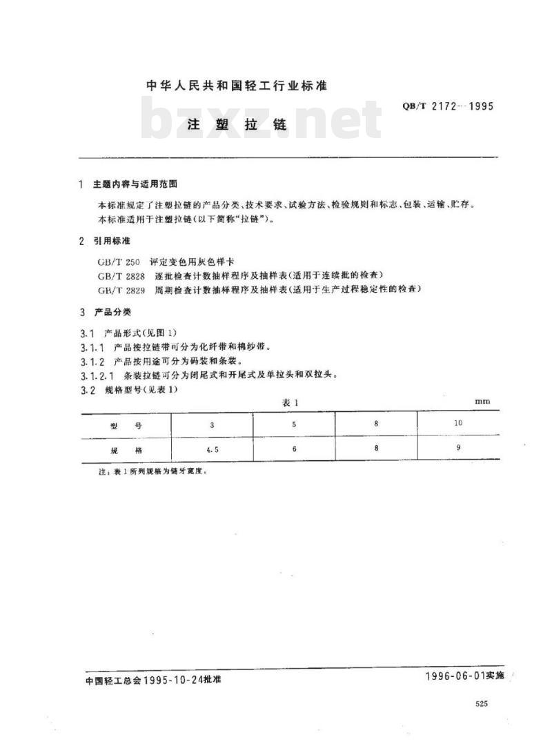 QB/T 2172-1995 注塑拉链