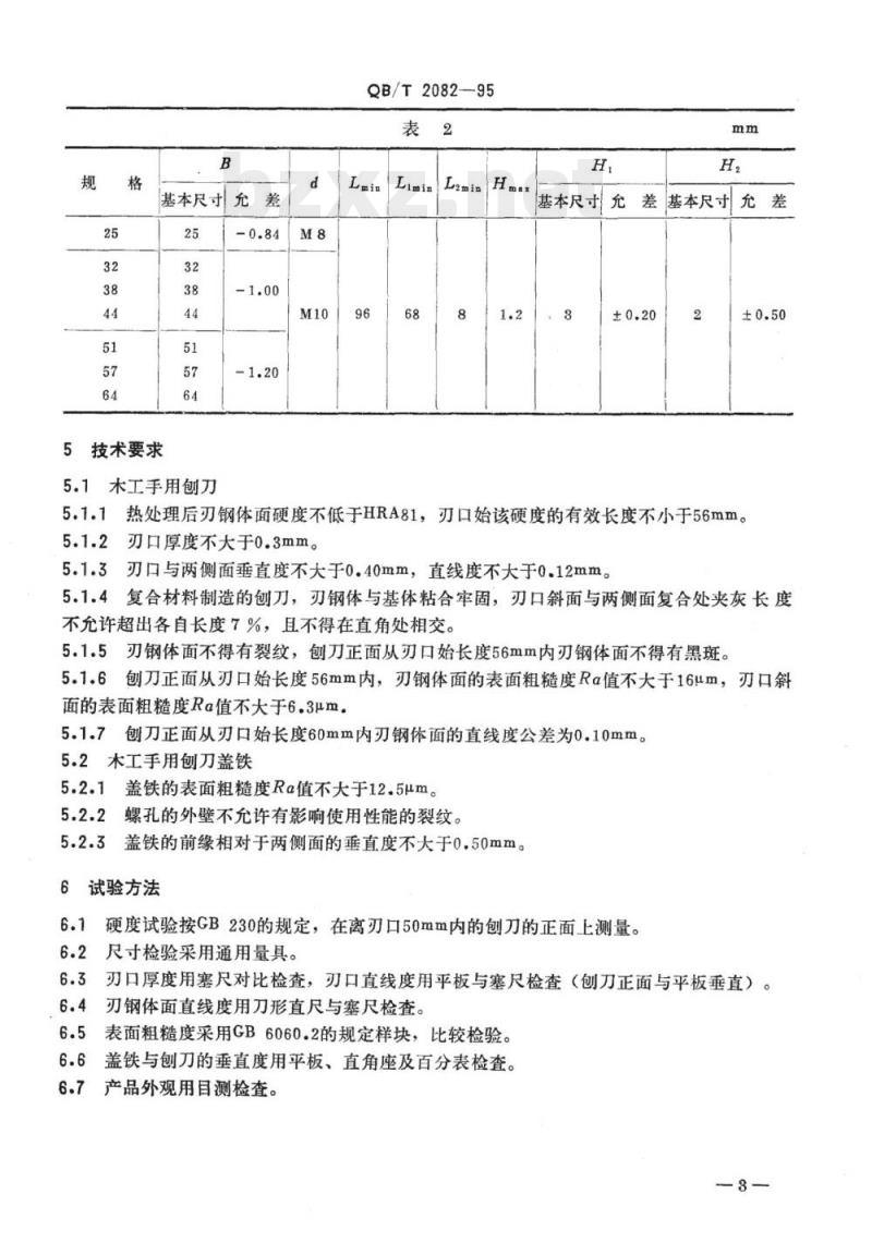 QB/T 2082、 2083-1995 木工手用刨刀与盖铁平口式油灰刀