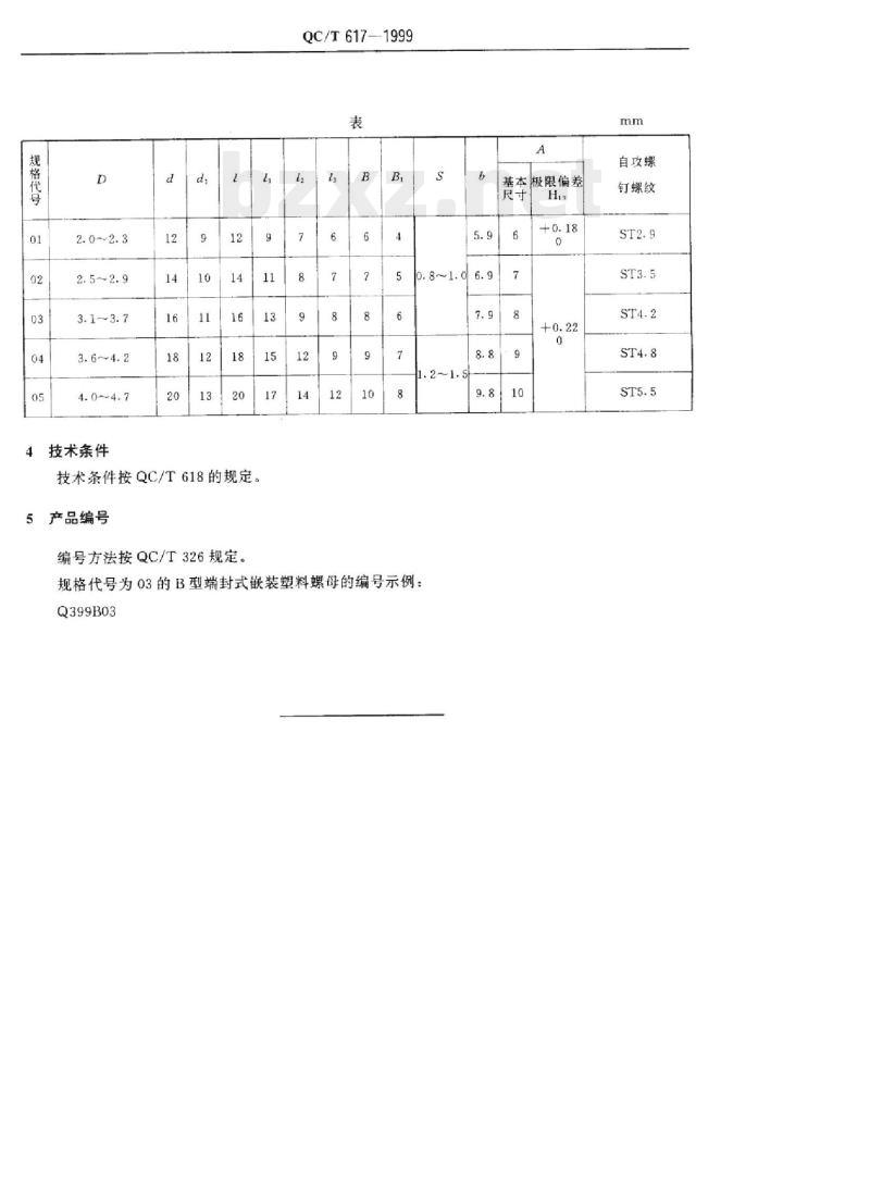 QC/T 617-1999 端封式嵌装塑料螺母