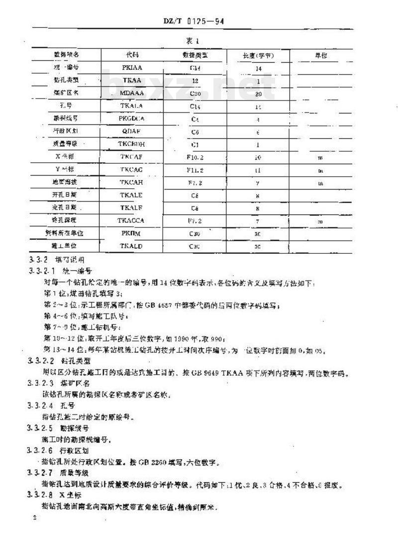 DZ/T 0125-1994 煤田地质钻孔数据文件格式