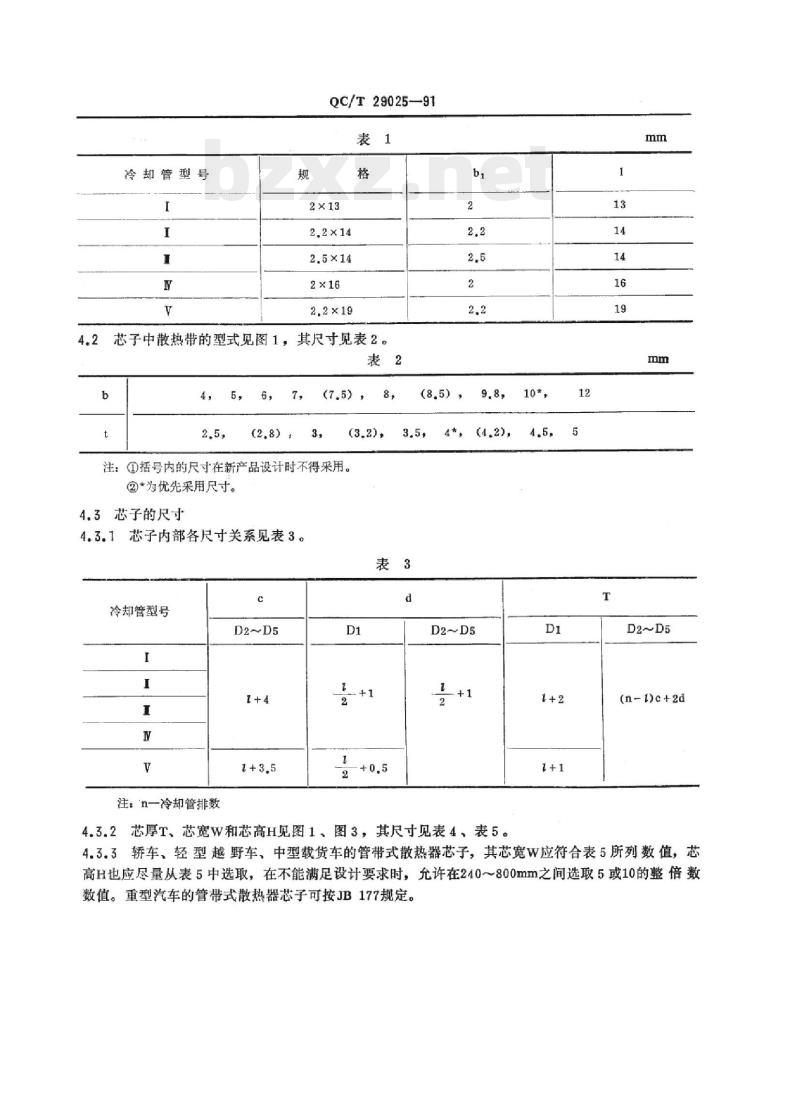 QC/T 29025-91 汽车管带式散热器芯子型式尺寸