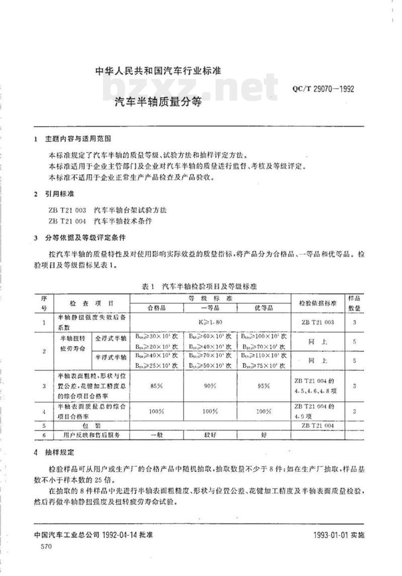 QC/T 29070-1992 汽车半轴质量分等
