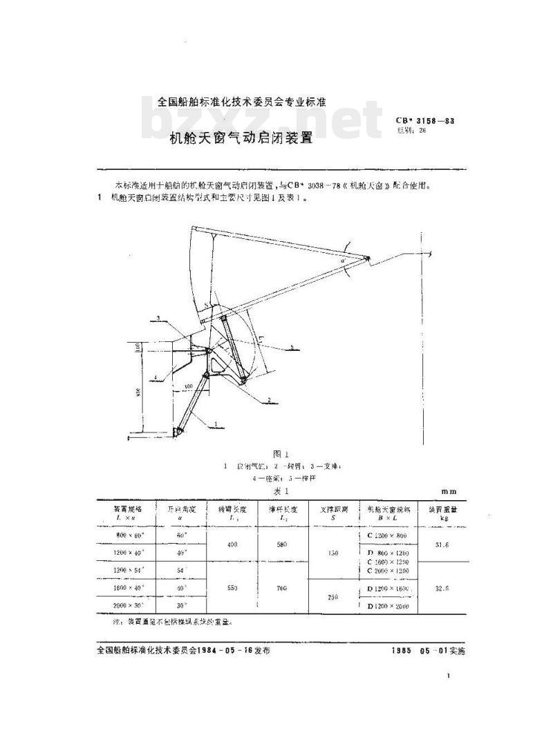 CB 3158-83 机舱天窗气动启闭装置