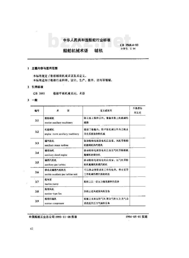 CB 3568.4-93 船舶机械术语辅机