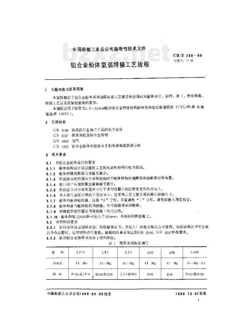 CB/Z 258-89 铝合金船体氩弧焊接工艺规程