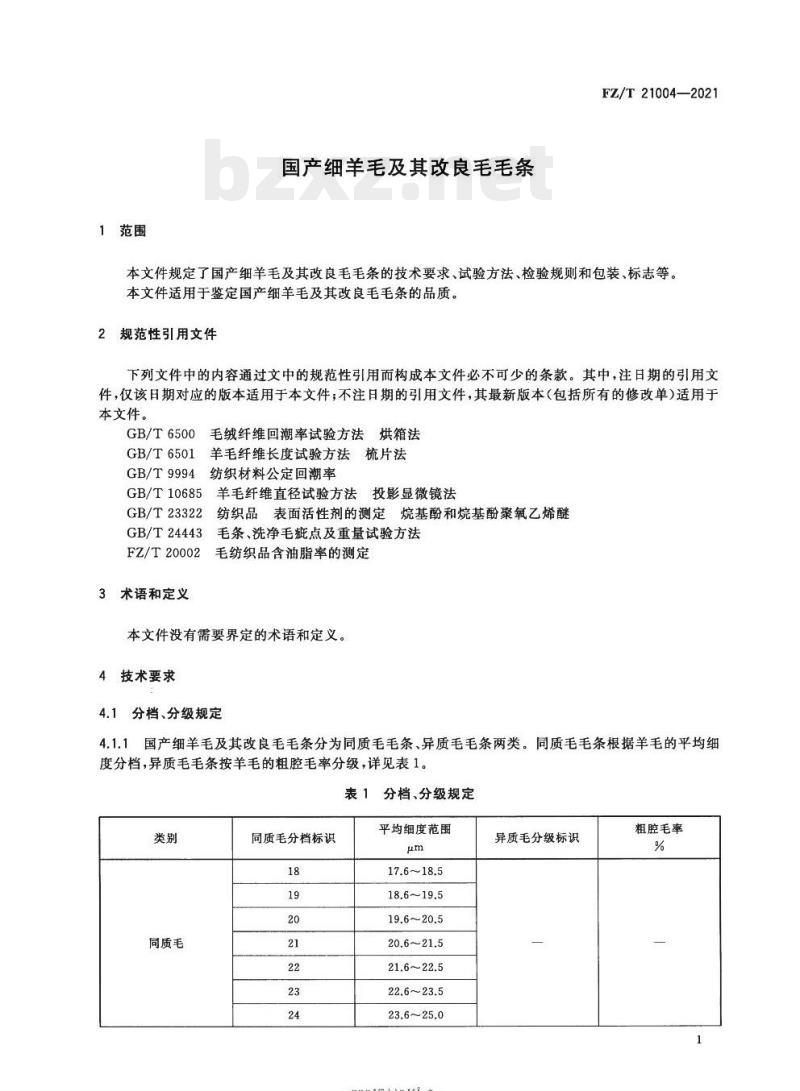FZ/T 21004—2021 国产细羊毛及其改良毛毛条