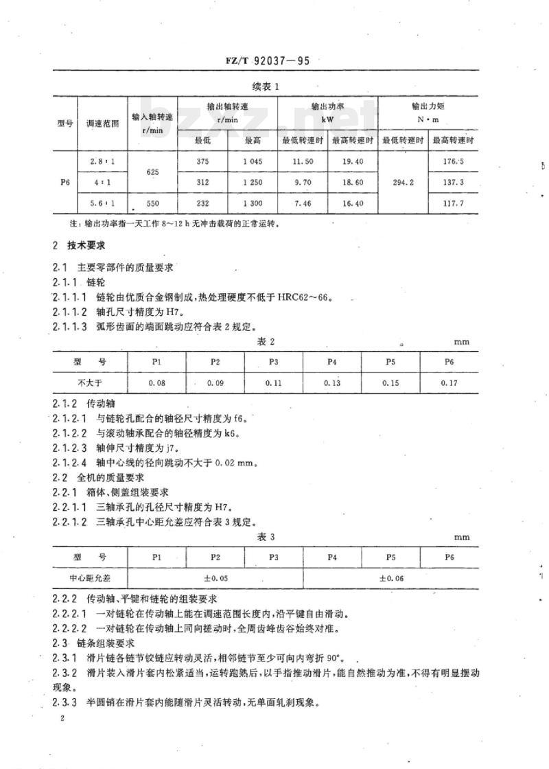 FZ/T 92037-1995 P型齿链式无级变速器