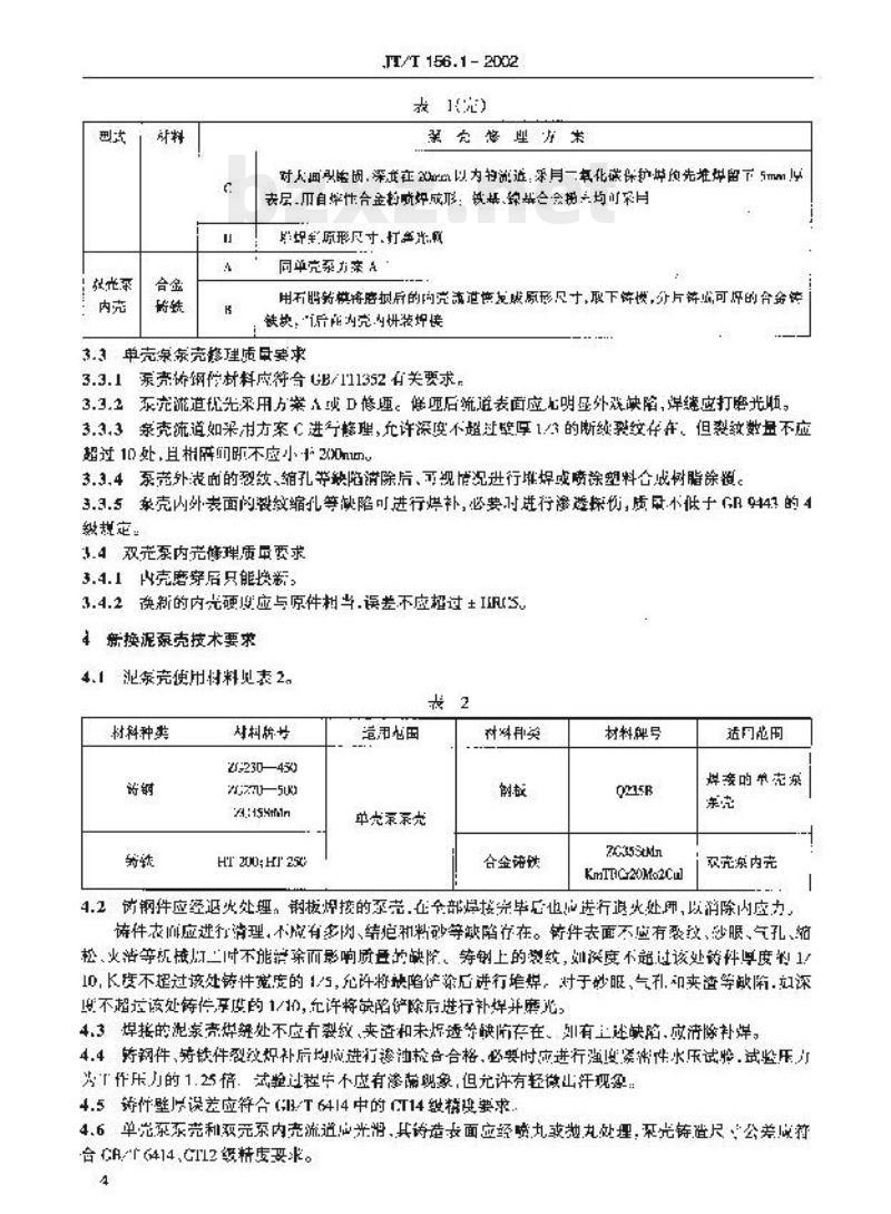 JT/T 156.1-2002 挖泥船泥泵修理 技术要求第1部分:泵壳