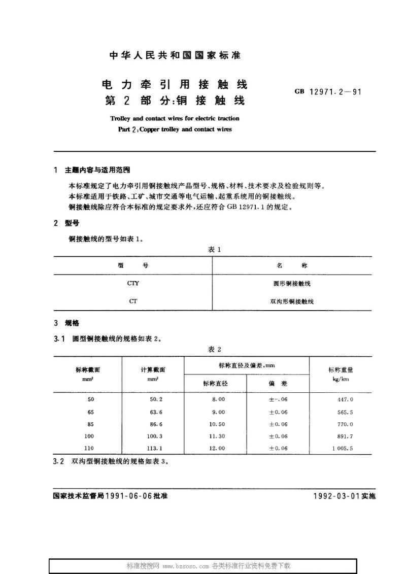 GB 12971.2-1991 电力牵引用接触线 第二部分：铜接触线