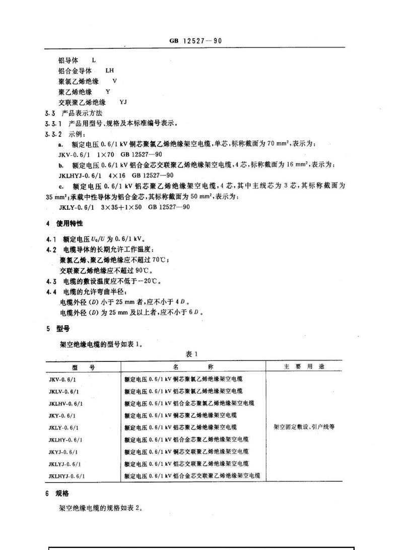 GB 12527-1990 额定电压I kV及以下架空绝缘电缆