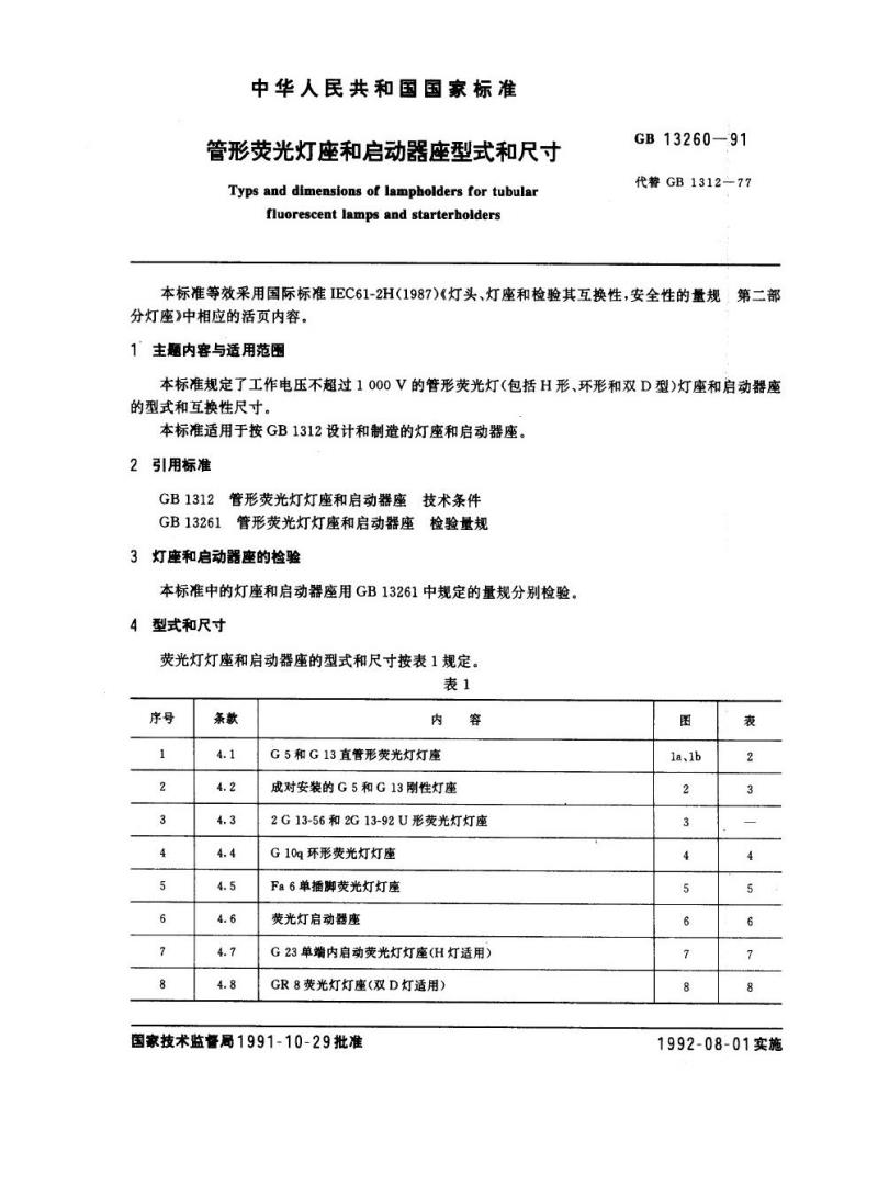 GB 13260-1991 管形荧光灯座和启动器座型式和尺寸