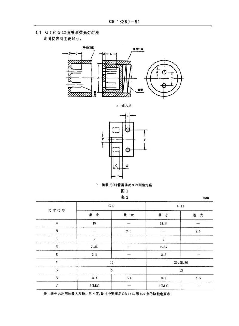 GB 13260-1991 管形荧光灯座和启动器座型式和尺寸