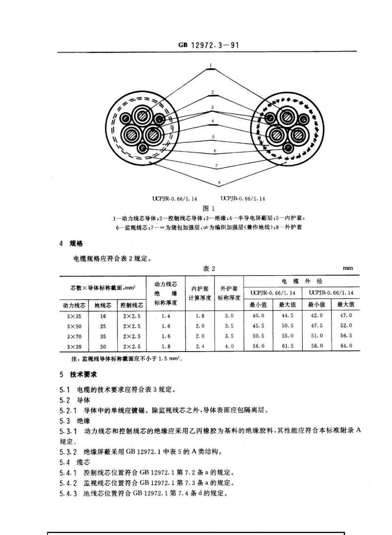GB 12972.3-1991 矿用橡套软电缆 第3部分：额定电压0.66门．14 kv采煤机屏蔽监视加强型软电缆