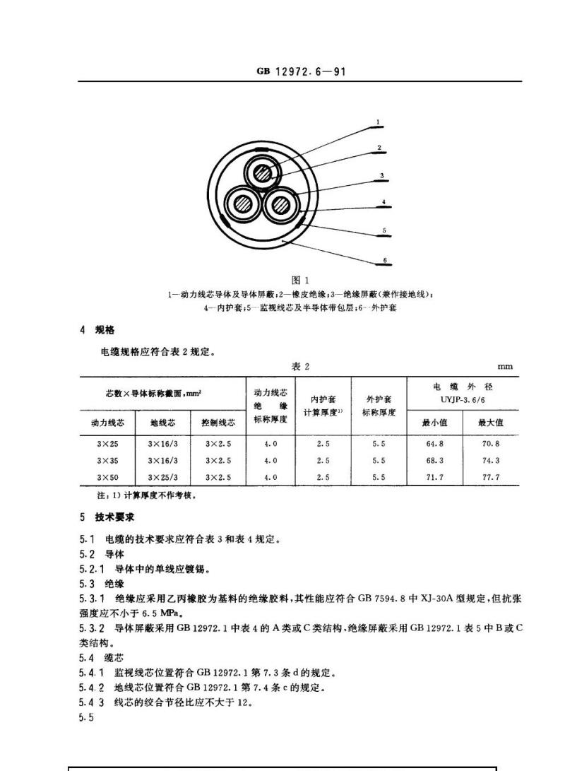 GB 12972.6-1991 矿用橡套软电缆 第6部分：额定电压0. 66/1.14 kV及以下移动橡套软电缆