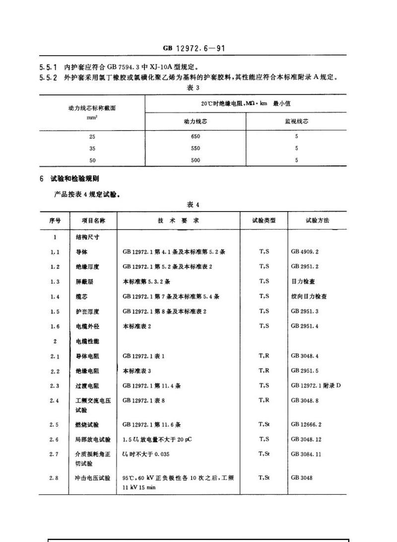GB 12972.6-1991 矿用橡套软电缆 第6部分：额定电压0. 66/1.14 kV及以下移动橡套软电缆