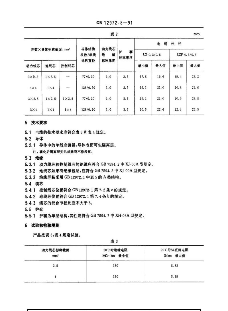 GB 12972.8-1991 矿用橡套软电缆 第8部分：额定电压0. 3/0.5 kv矿用电钻电缆