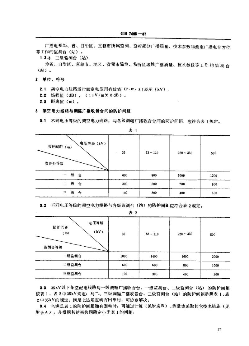GB 7495-1987 架空电力线路与调幅广播收音台的防护间距