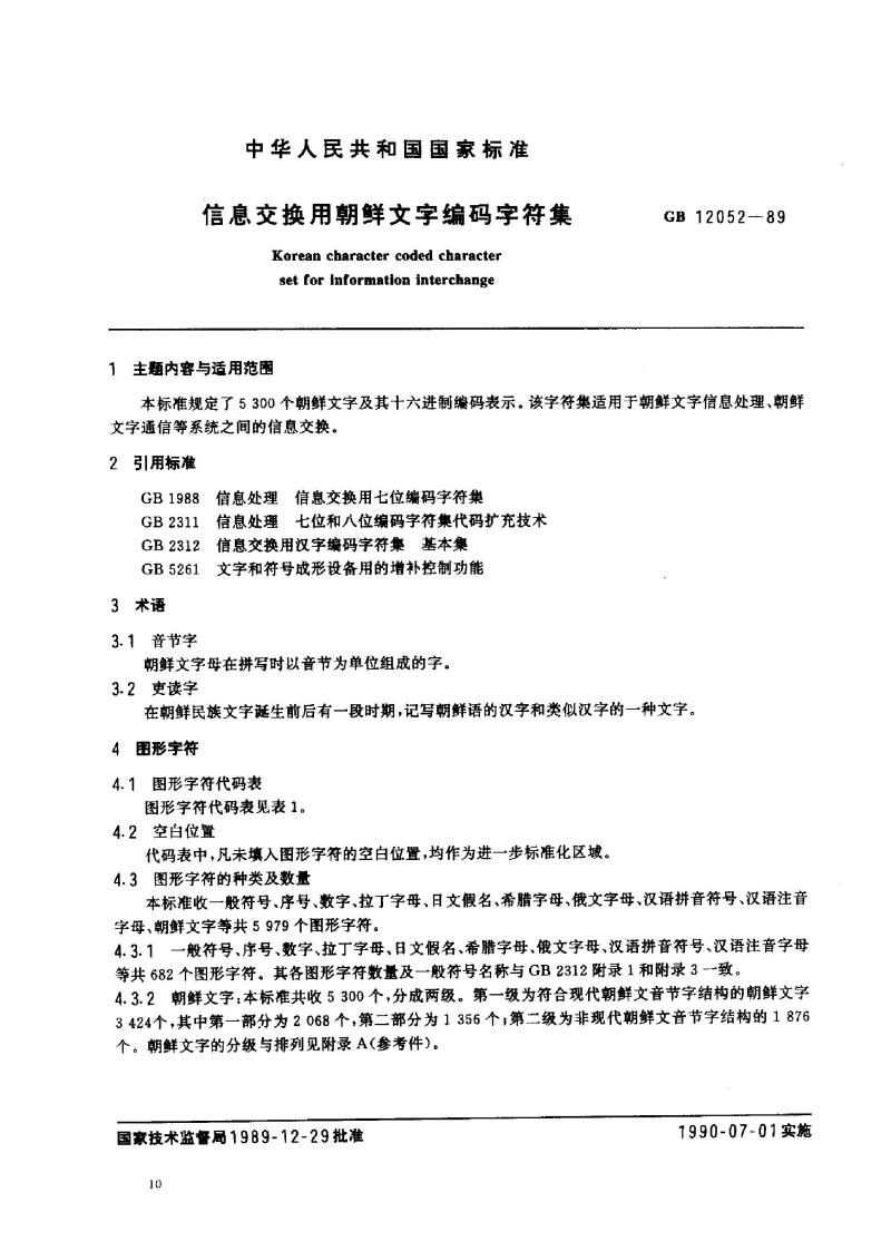 GB 12052-1989 信息交换用朝鲜文字编码字符集