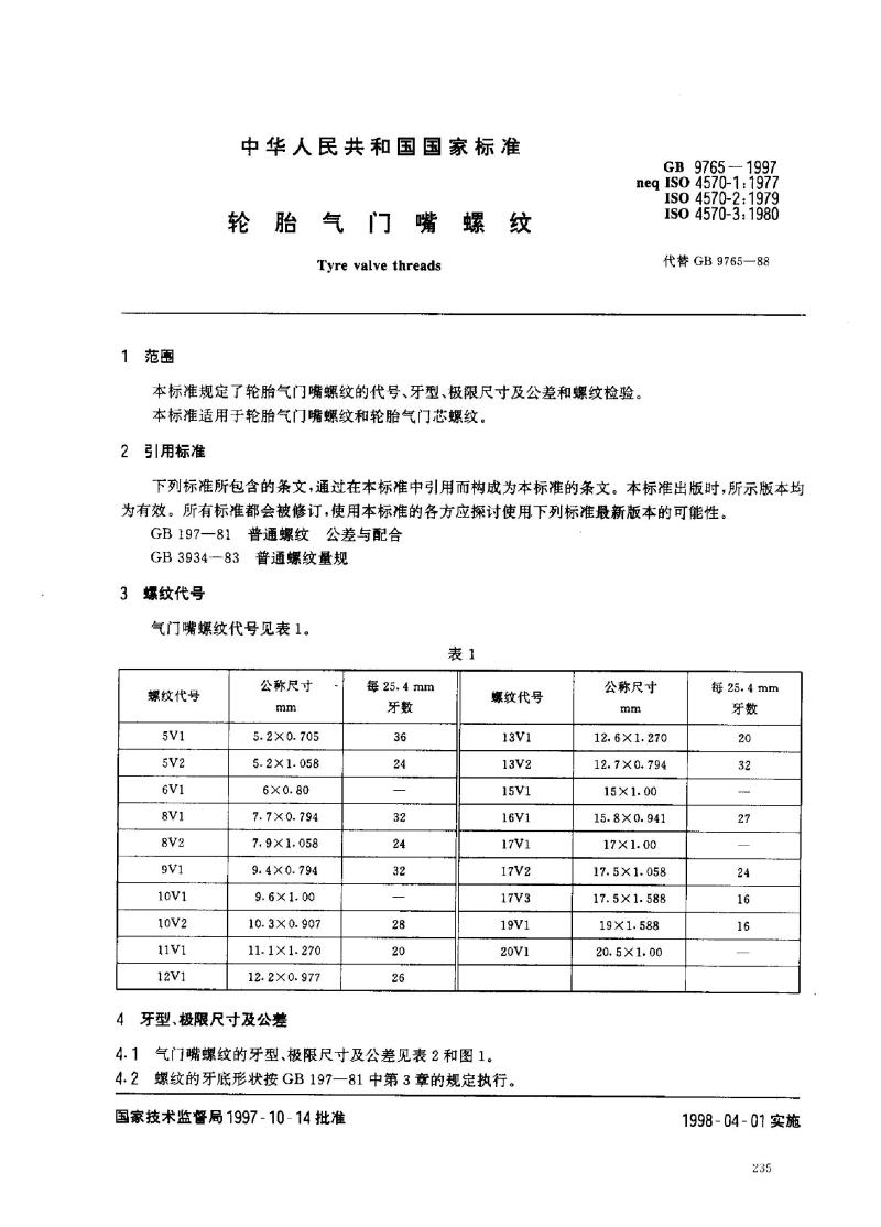 GB 9765-1997 轮胎气门嘴螺纹