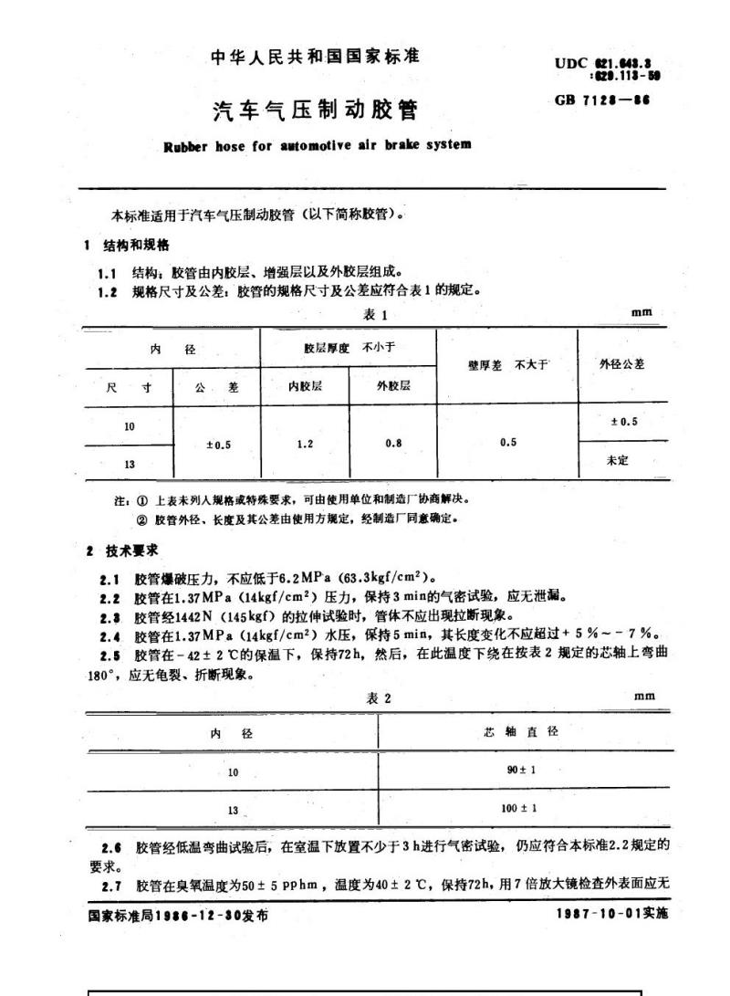 GB 7128-1986 汽车气压制动胶管