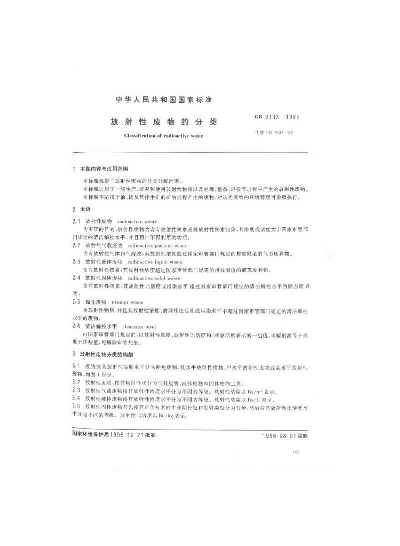 GB 9133-1995 放射性废物的分类
