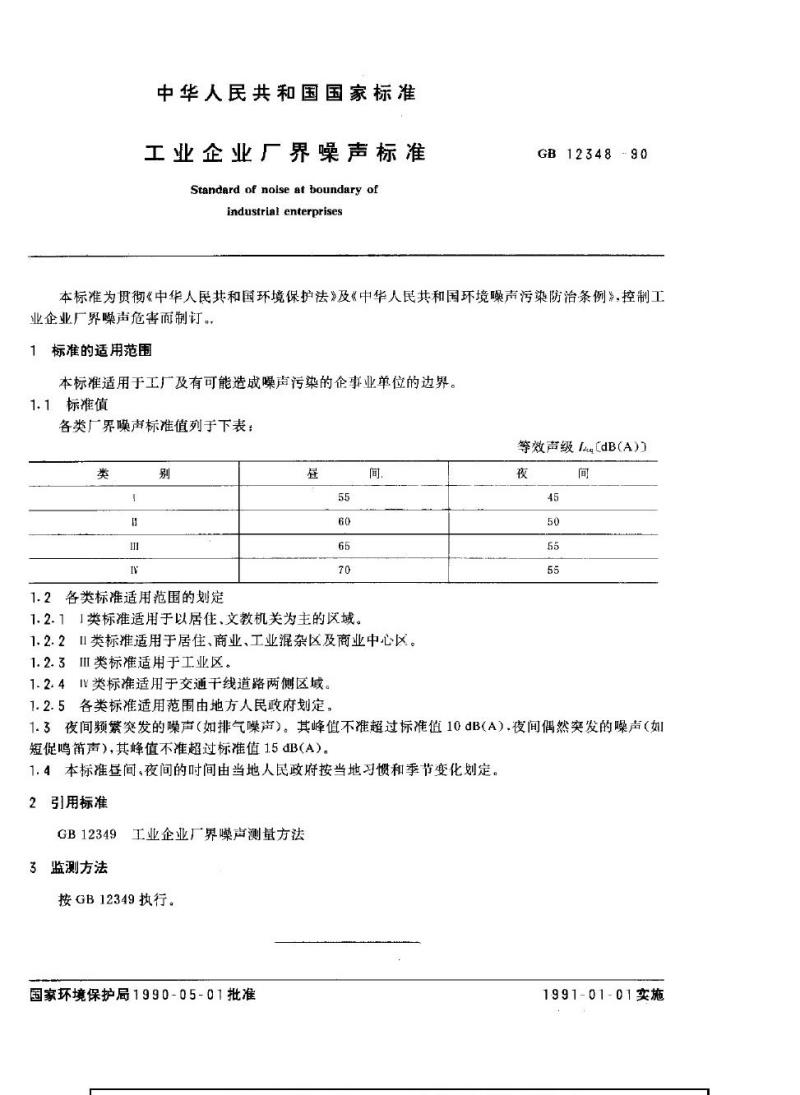 GB 12348-1990 工业企业厂界噪声标准