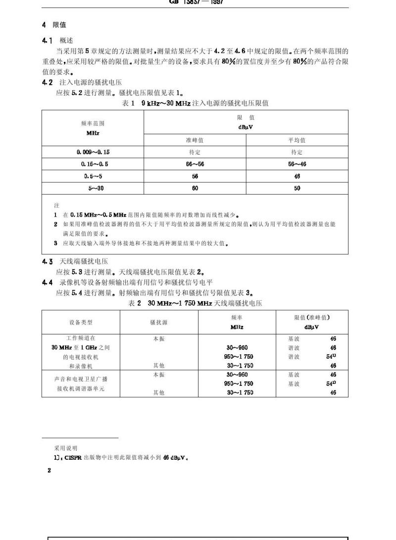 GB 13837-1997 声音和电视广播接收机及有关设备无线电干扰特性限值和测量方法