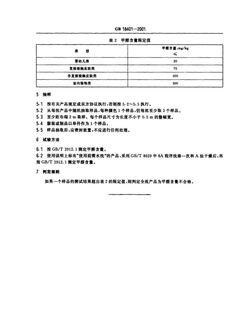 GB 18401-2001 纺织品甲醛含量的限定