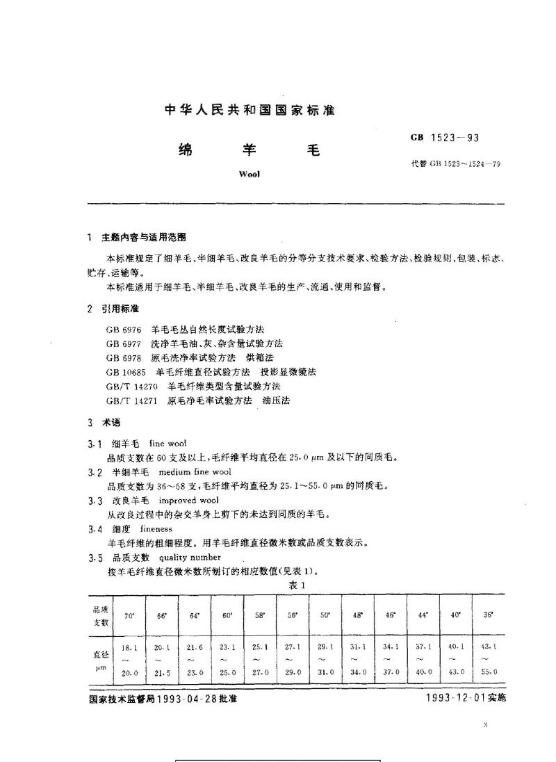 GB 1523-1993 绵羊毛