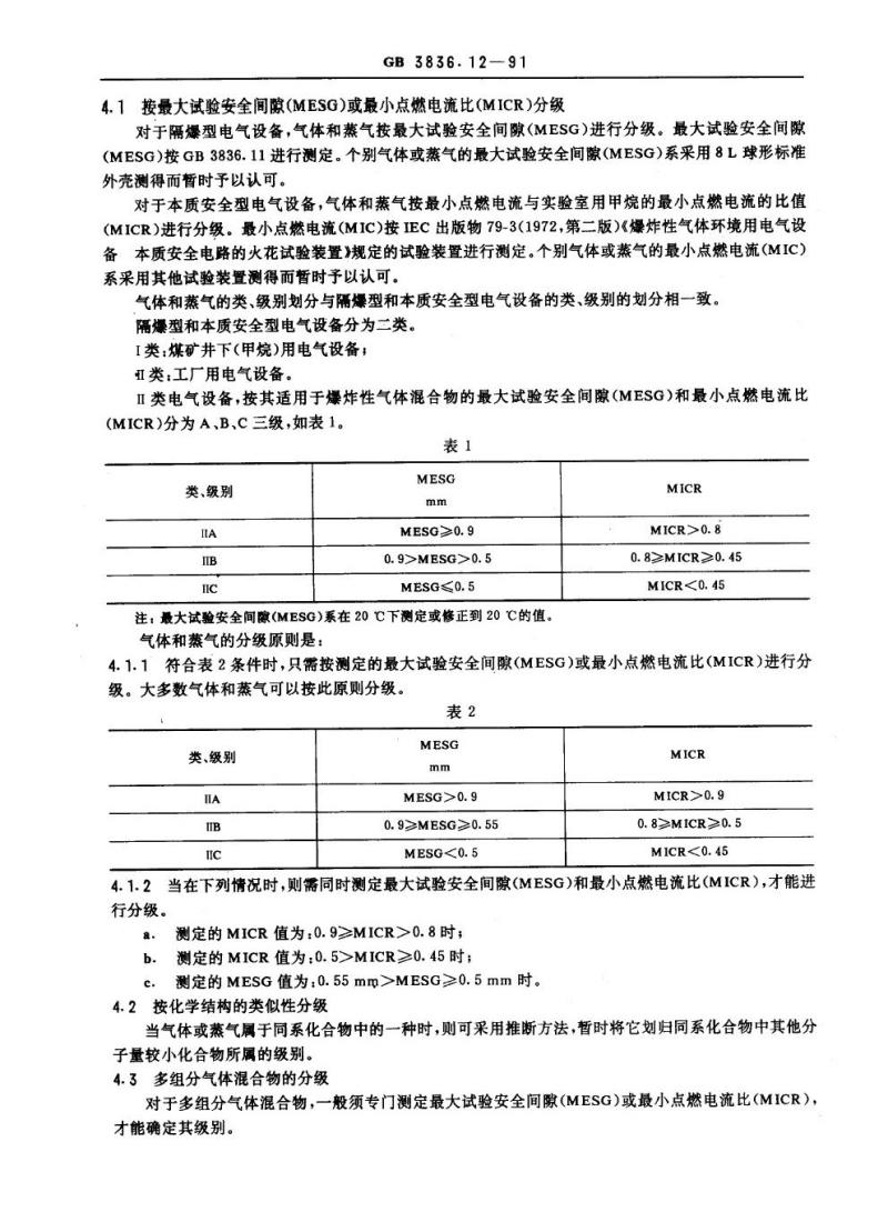 GB 3836.12-1991 爆炸性环境用防爆电气设备 气体或蒸气混合物按照其最大试验安全间隙和最小点燃电流的分级