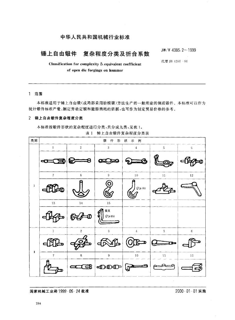 JB/T 4385.2-1999 锤上自由锻件 复杂程度分类及折合系数