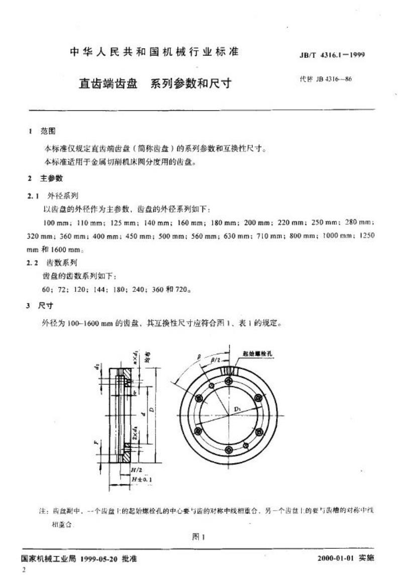 JB/T 4316.1-1999 直齿端齿盘 系列参数和尺寸
